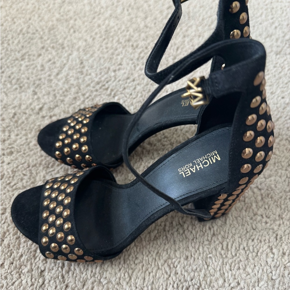 MICHAEL Michael Kors Black Suede Studded Ankle-Strap Heels with Gold Accents